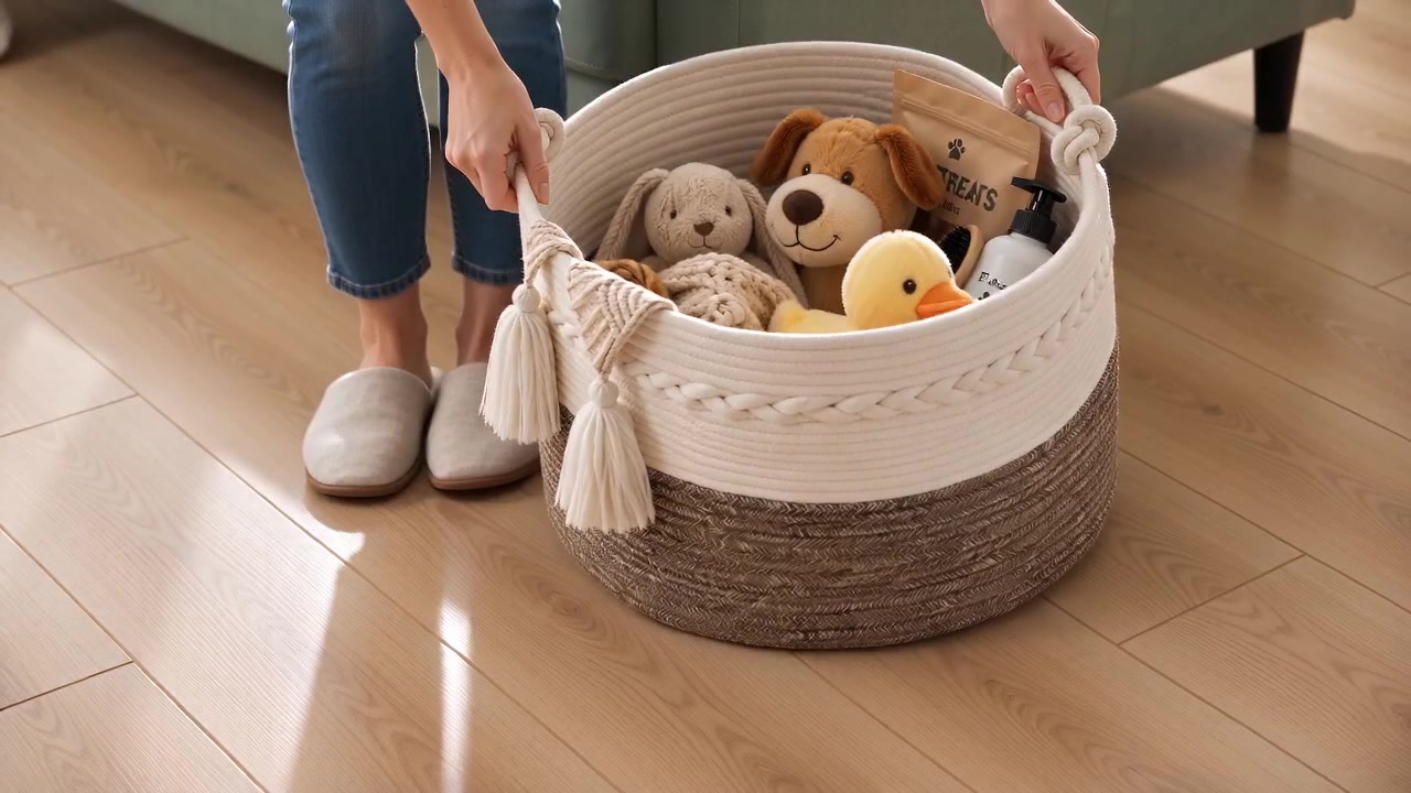 AI scene showing soft toys gathered in a decorative rope basket